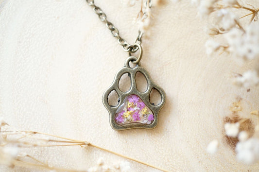 Real Dried Flowers in Resin Necklace, Dog Paw in Pink Yellow White